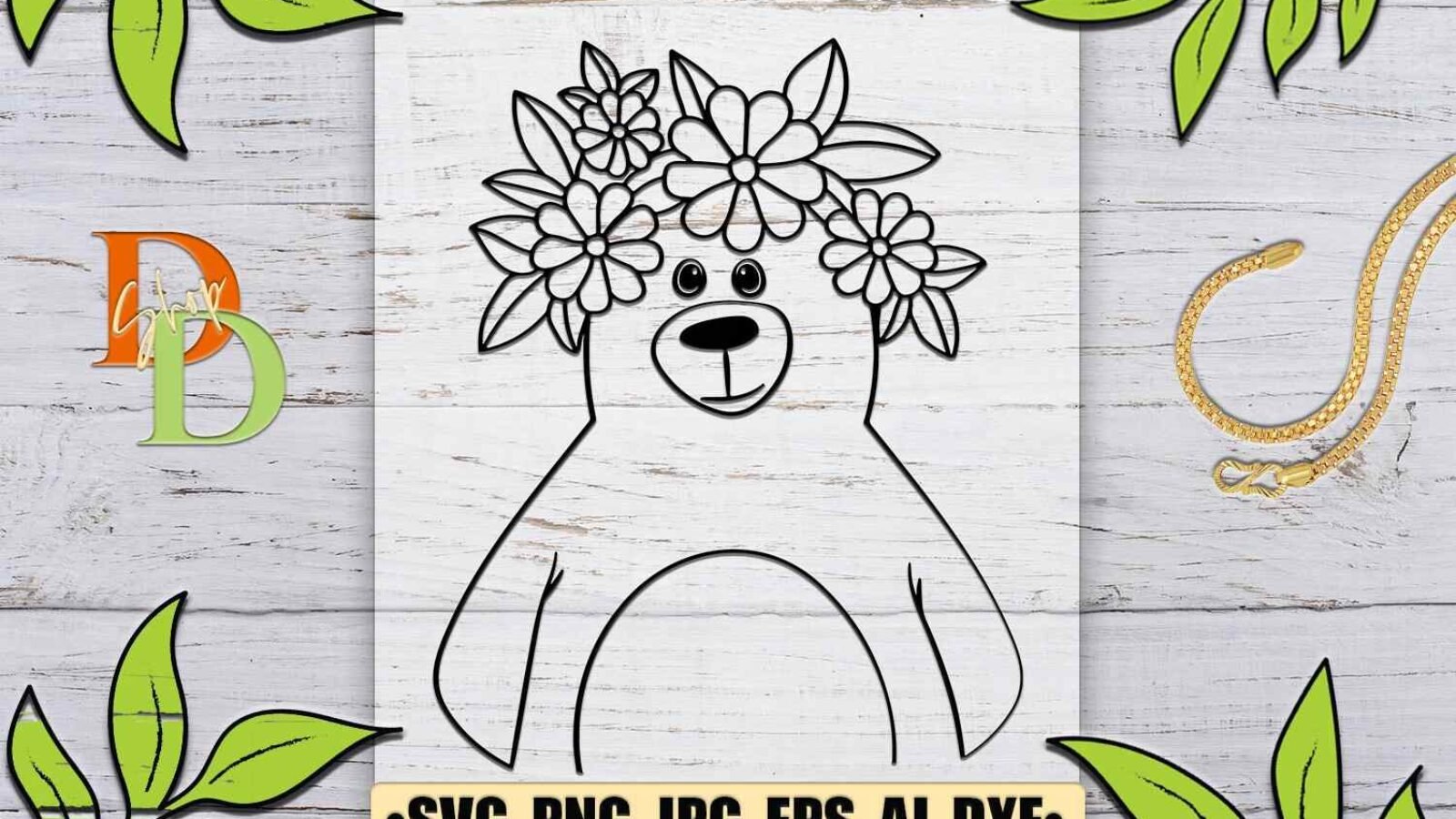 Bear Face SVG With Flower Crown on Head Cutting File