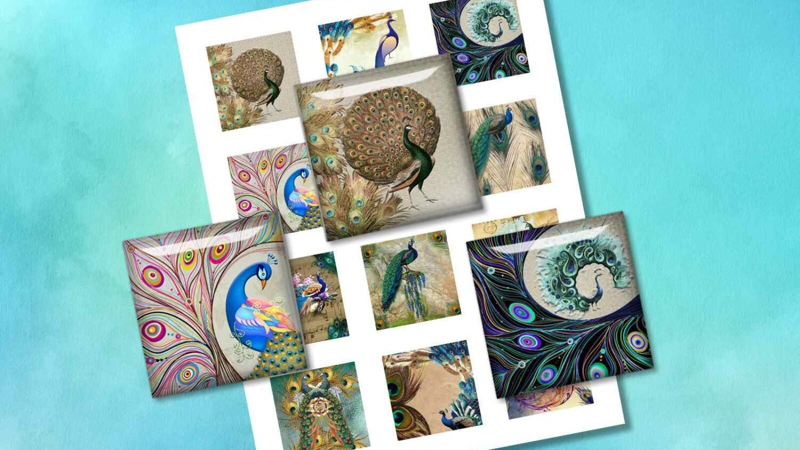 Birds Feather Peafowl Colorful Birds Collage Sheet Squares