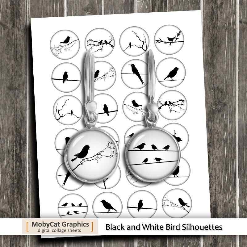 Birds Silhouettes Printable circles Digital Collage Sheet