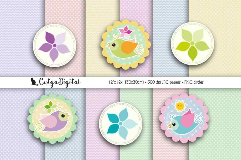 Birds and Flowers with Chevron Polka Dots Scrapbooking Paper