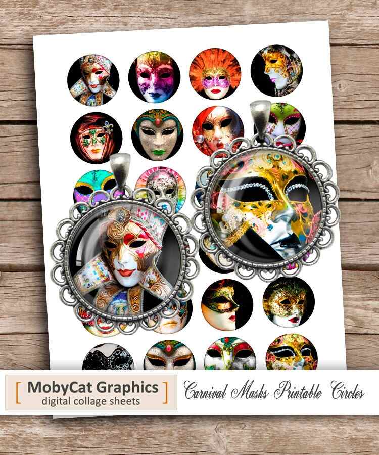 Carnival Masks Circles Printable Digital Collage Sheet