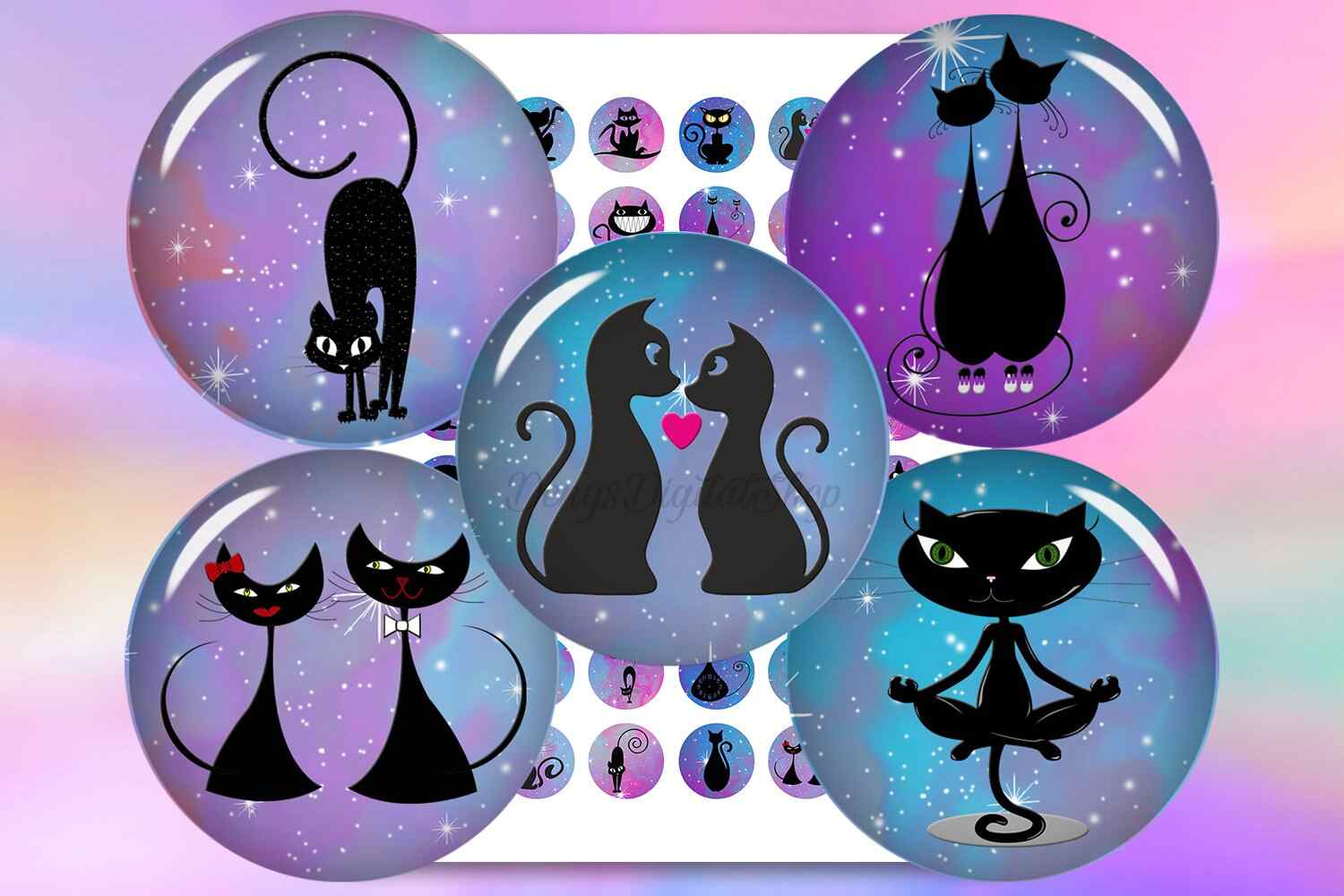 Cats Silhouette Digital Collage Sheet Cats Circles for prints