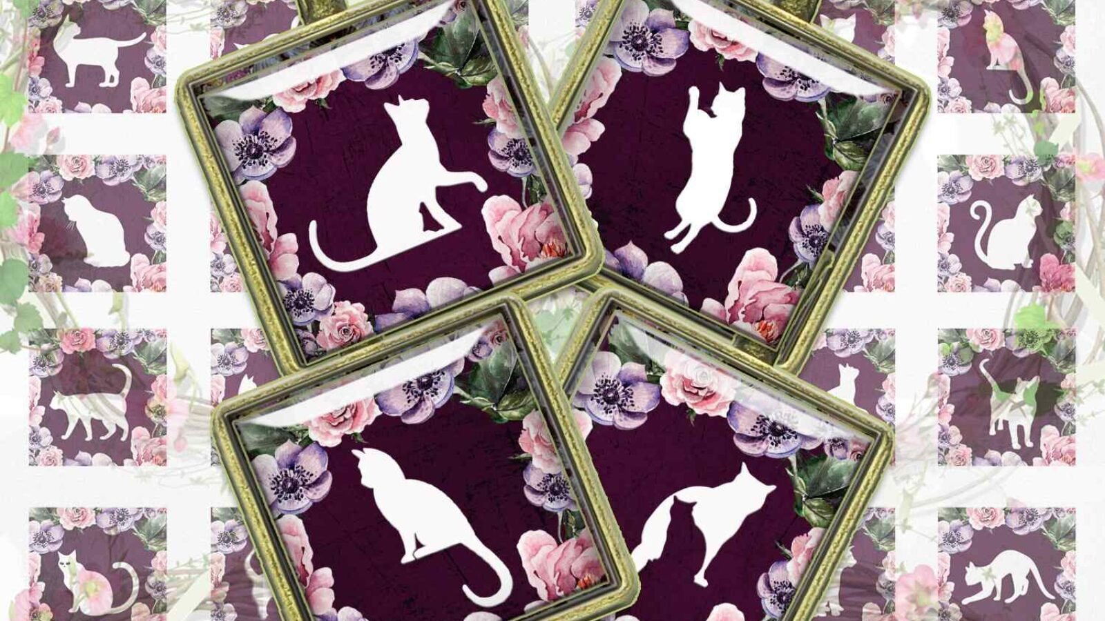 Cats Silhouettes Digital Collage Sheet Cats Flowers Squares