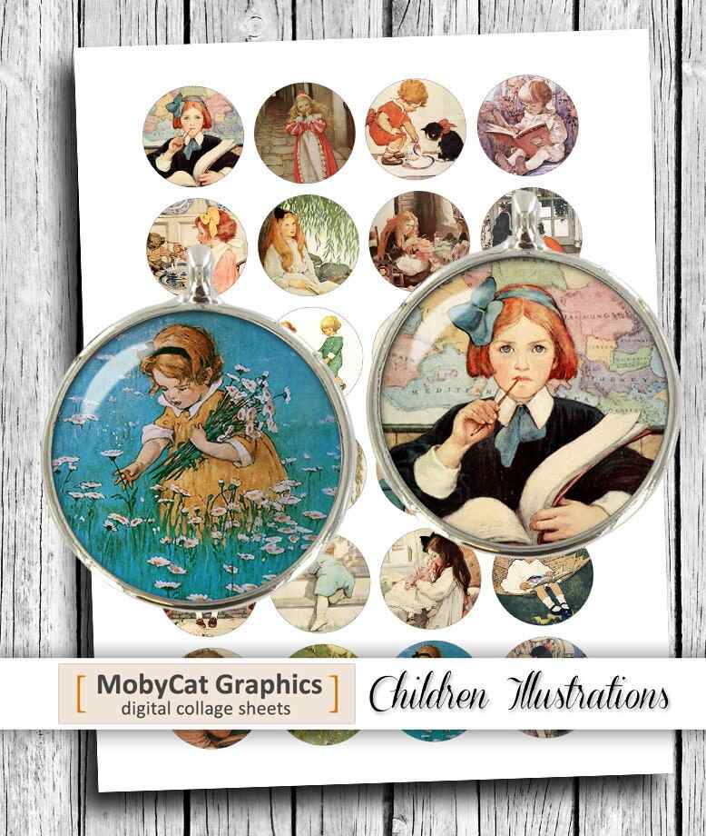 Children Illustrations Circles Digital Collage Sheet