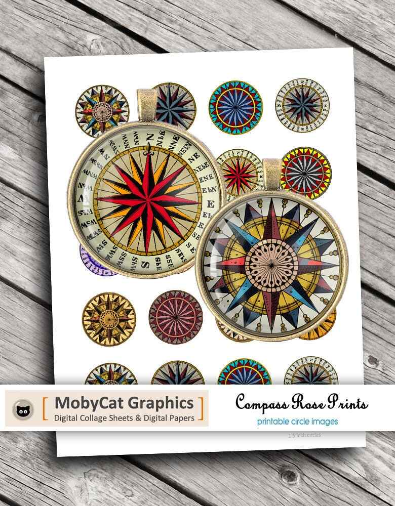 Compass Rose Prints Printable Circles Digital Collage Sheet