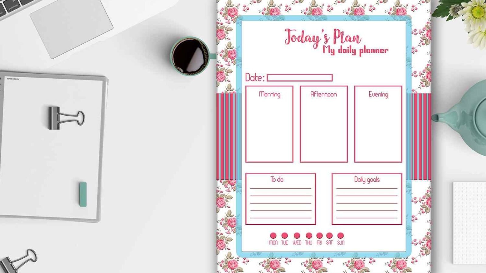 Daily Planner Roses Shabby Chic Digital Planner for Prints
