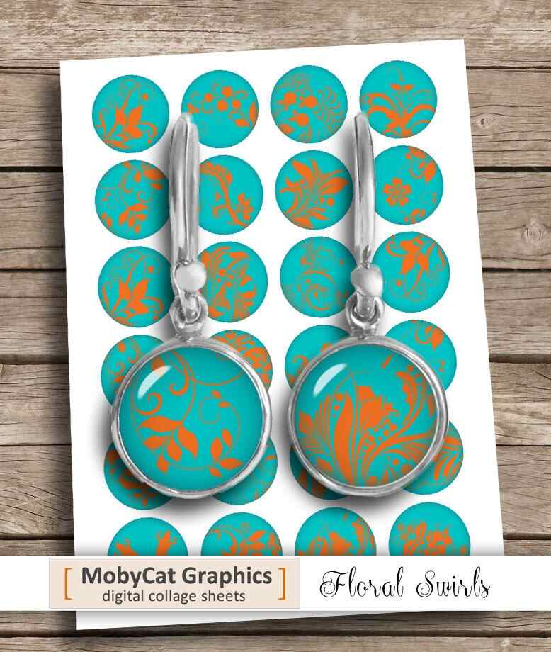 Floral Swirls Teal Orange Printable Digital Collage Sheet