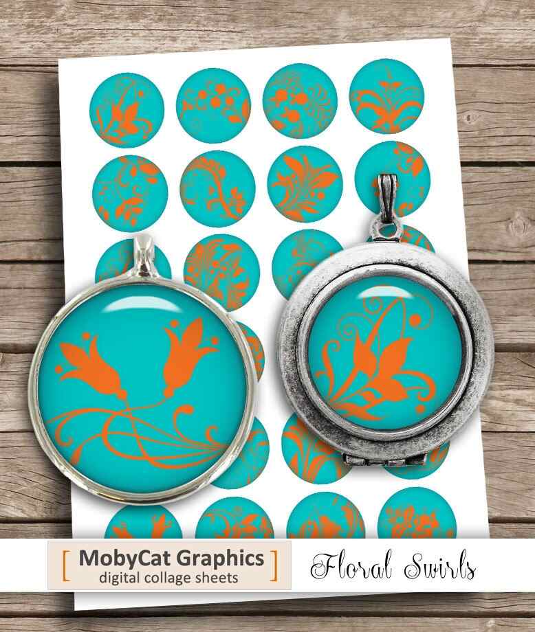 Floral Swirls Teal Orange Printable Jewelry