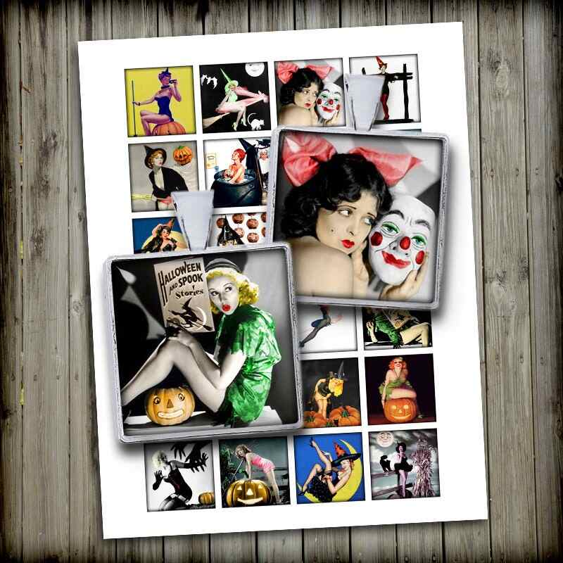 Halloween Pin Ups Square Printable Digital Collage Sheet