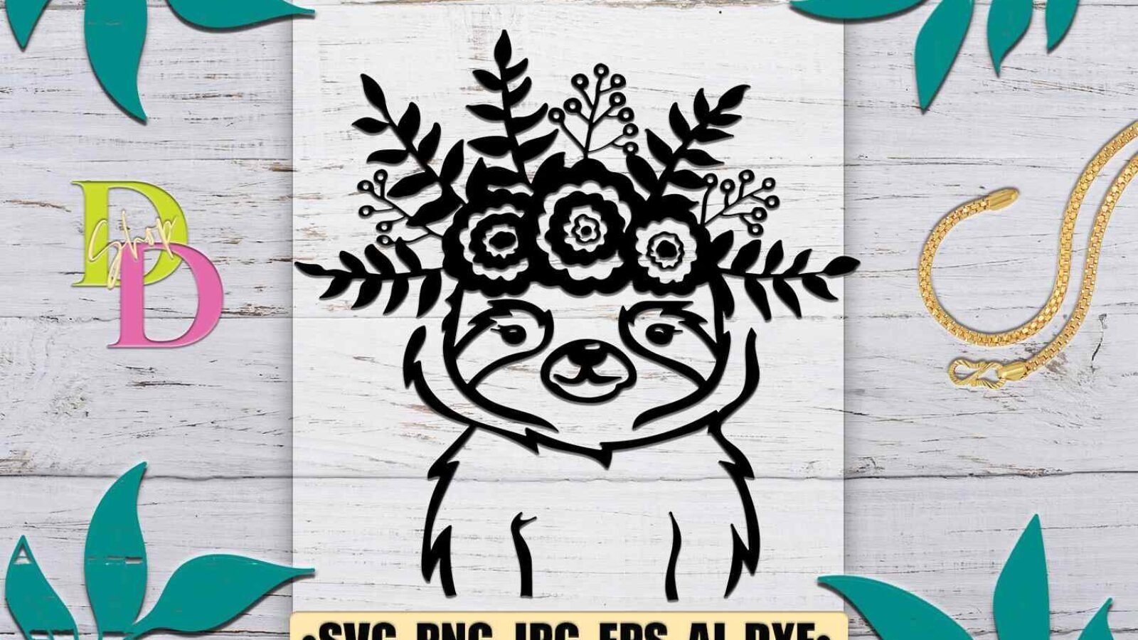 Koala SVG Silhouette file with Flower Crown on Head