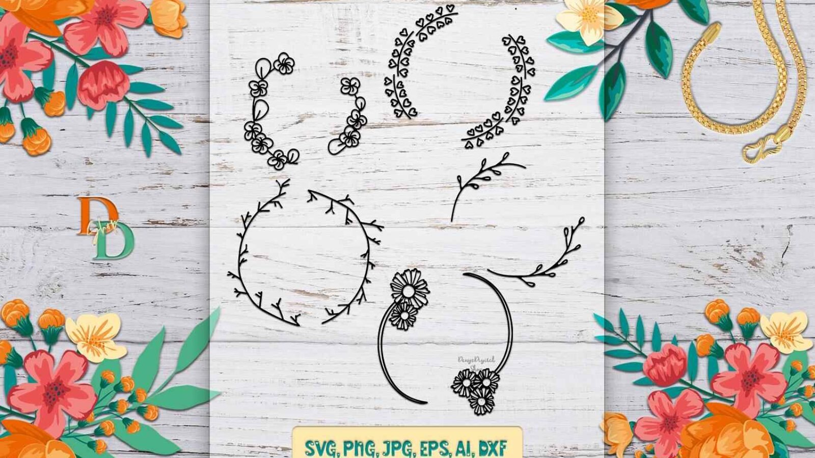 Laurel Wreaths SVG Bundle Frames with Flowers for Printable