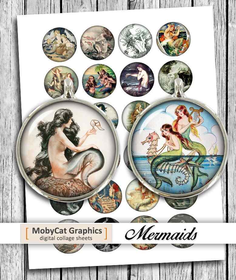 Mermaid Circles Printable images Digital Collage Sheet