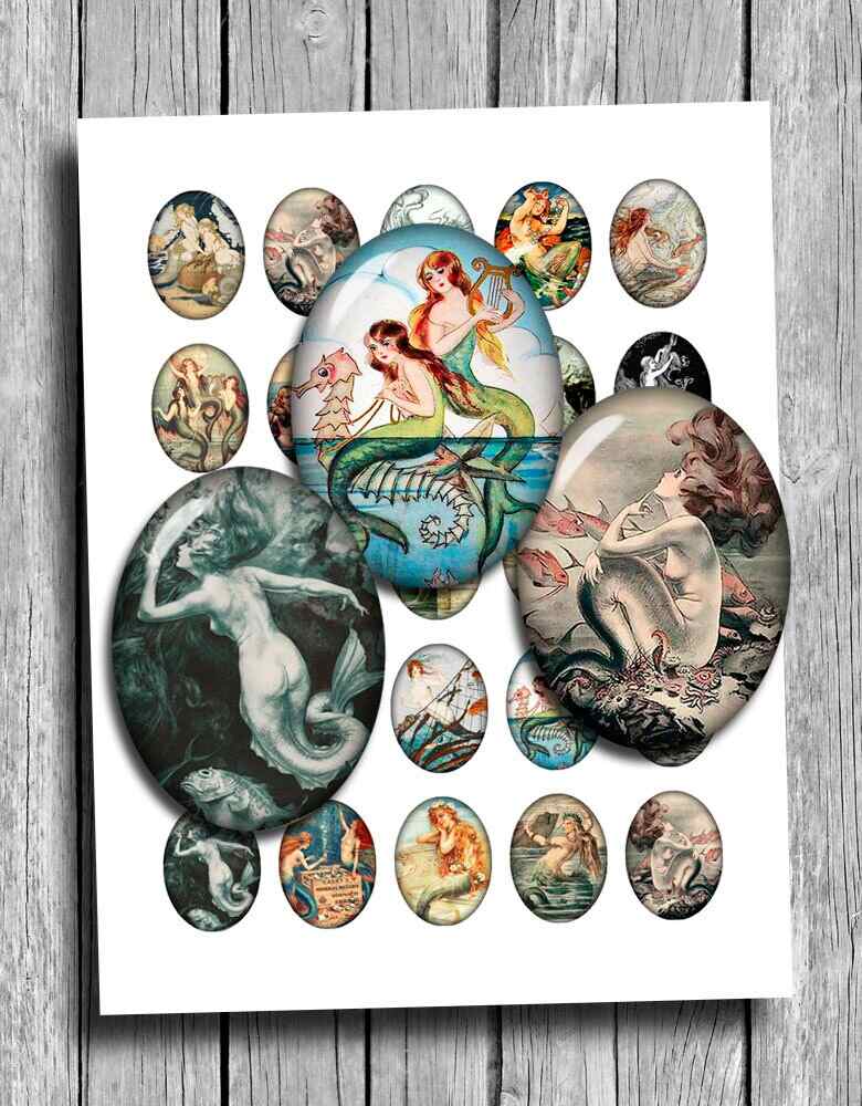 Mermaids Sirens Oval Images Digital Collage Sheet