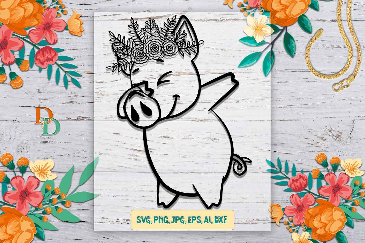 Pig Printable SVG file Pig with Flower SVG Pig cut file