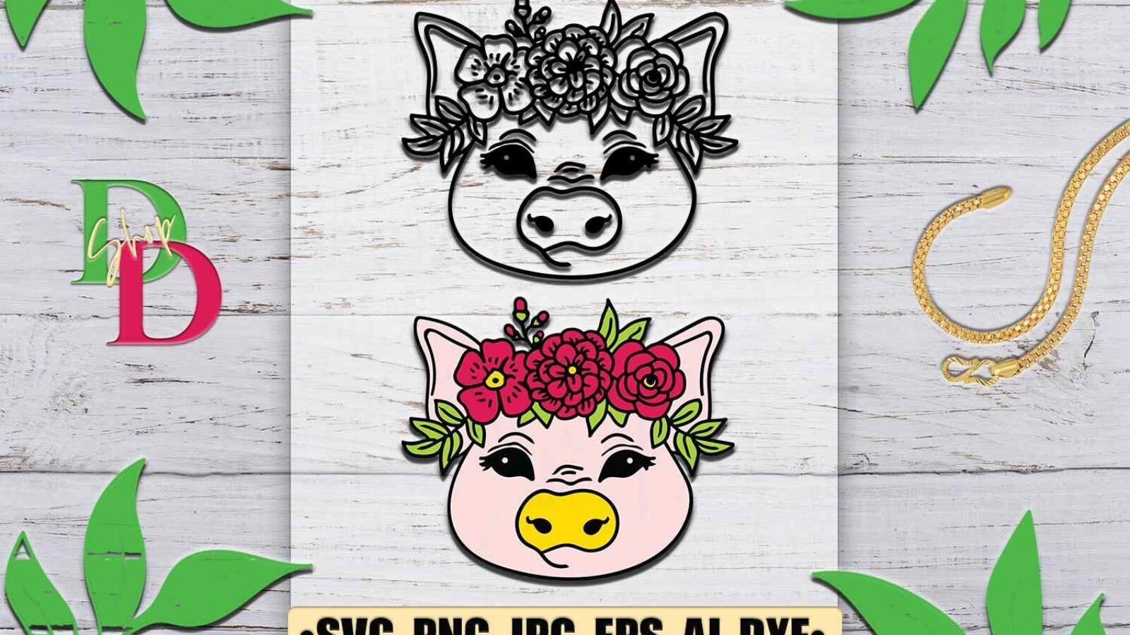 Pig SVG file Pig with Flower Crown SVG Pig cut file SVG