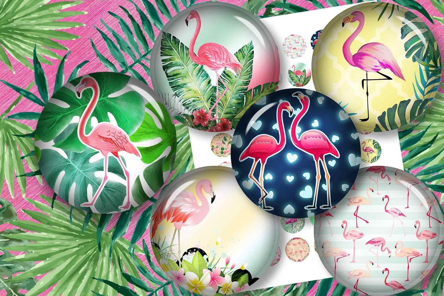 Pink Flamingo Collage Sheet Printable Pendant or Bottlecaps