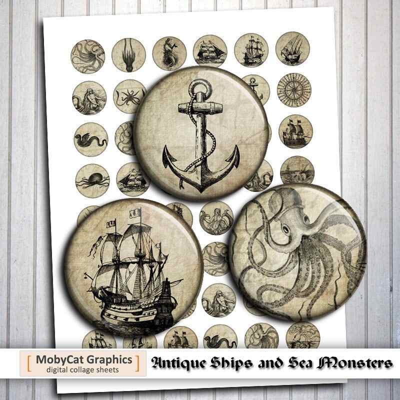 Printable Antique Ships Sea Monsters Digital Collage Sheet