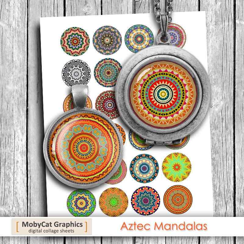 Printable Aztec Mandala Circles Digital Collage Sheet