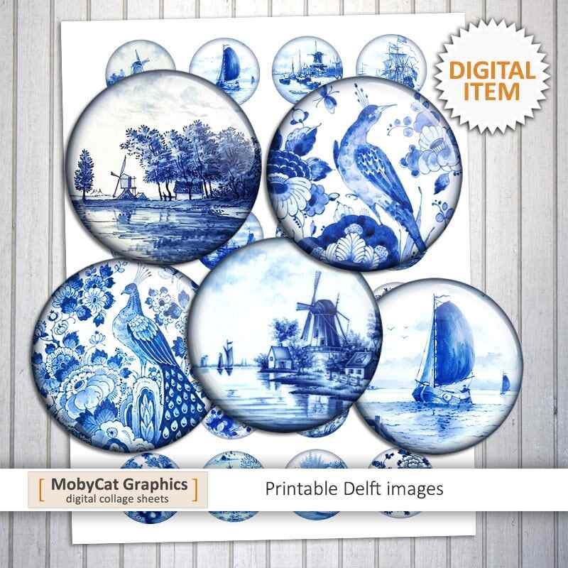 Printable Delft Circle Images Digital Collage Sheet