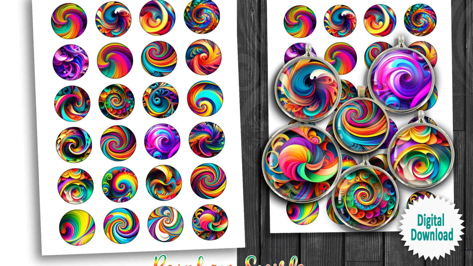 Rainbow Swirls Printable Circles Digital Collage Sheets