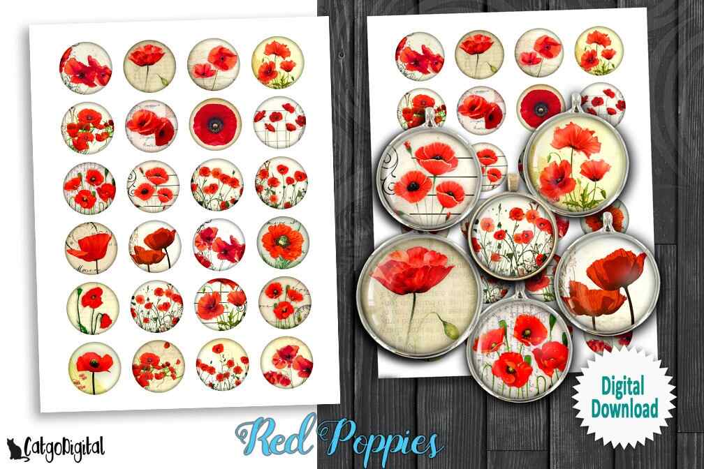 Red Poppies Digital Collage Sheets