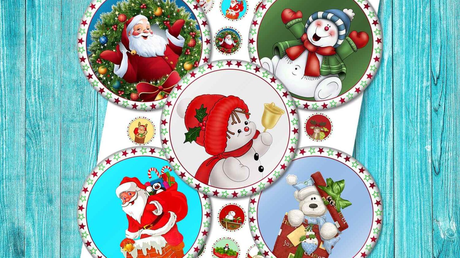 Retro Christmas Digital Collage Sheet Bottlecap Images