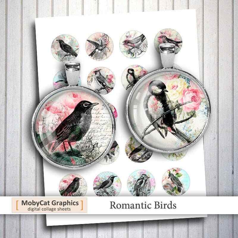 Romantic Birds Rounds Printable Digital Collage Sheet