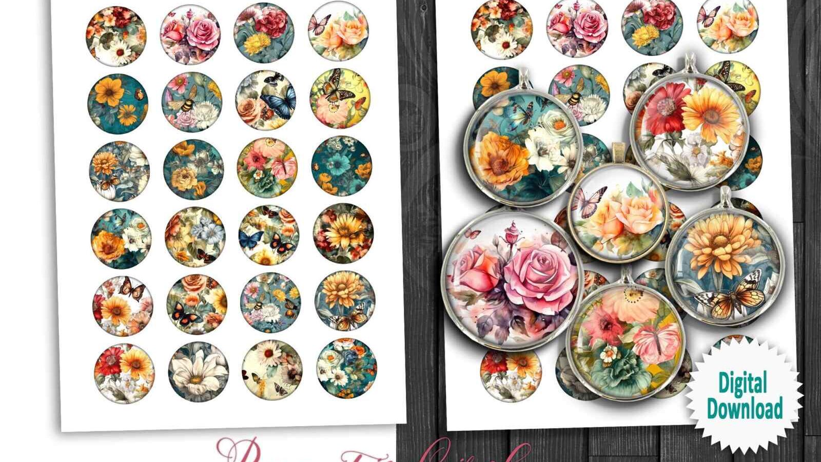 Digital Collage Sheet Romantic Circles Floral Printable