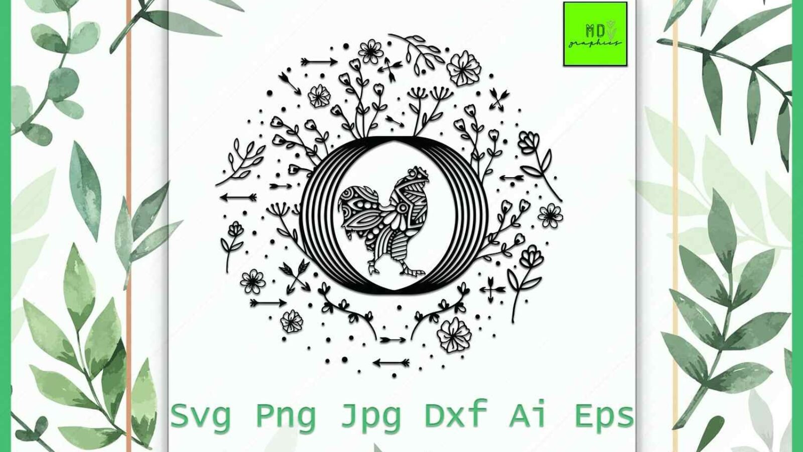 Rooster with Flowers Silhouette SVG Vector File