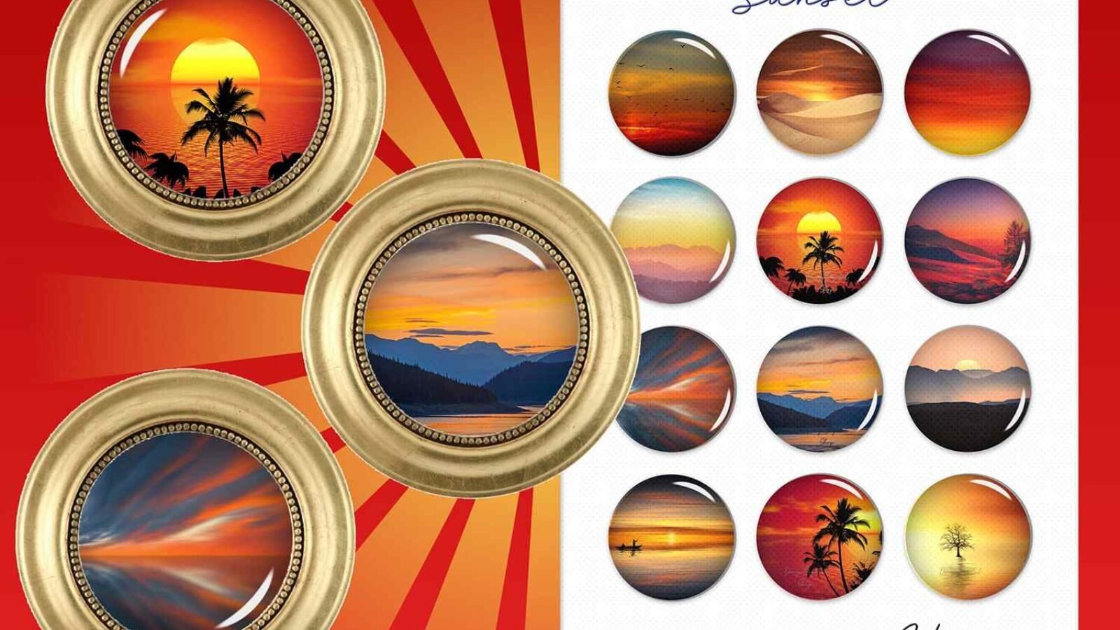 Sunset Circle Images Round Digital Collage Sheet for Crafts