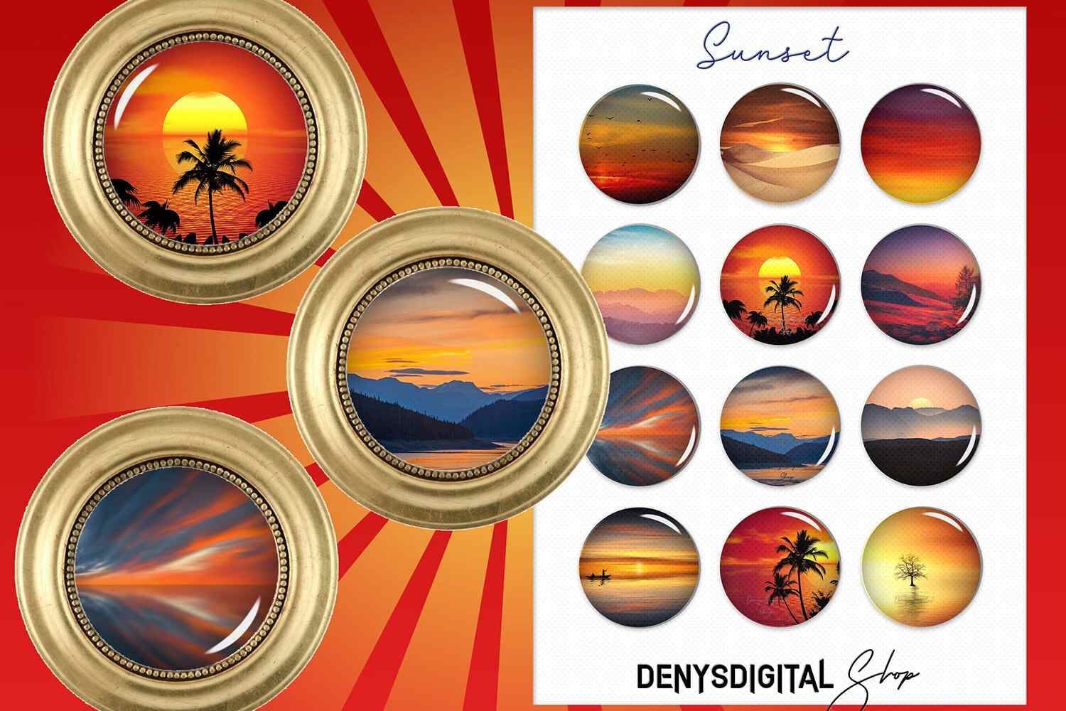 Sunset Circle Images Round Digital Collage Sheet for Crafts