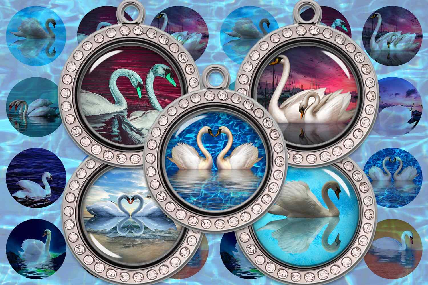 Swan Digital Collage Sheet Circle Images for Jewelry Making