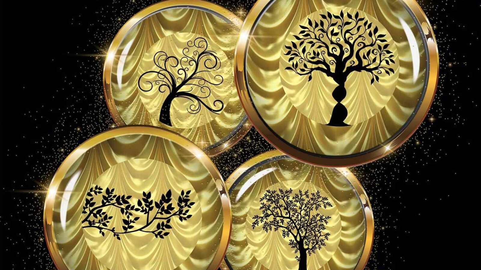 Tree Circles Digital Collage Sheet Gold Trees Silhouettes