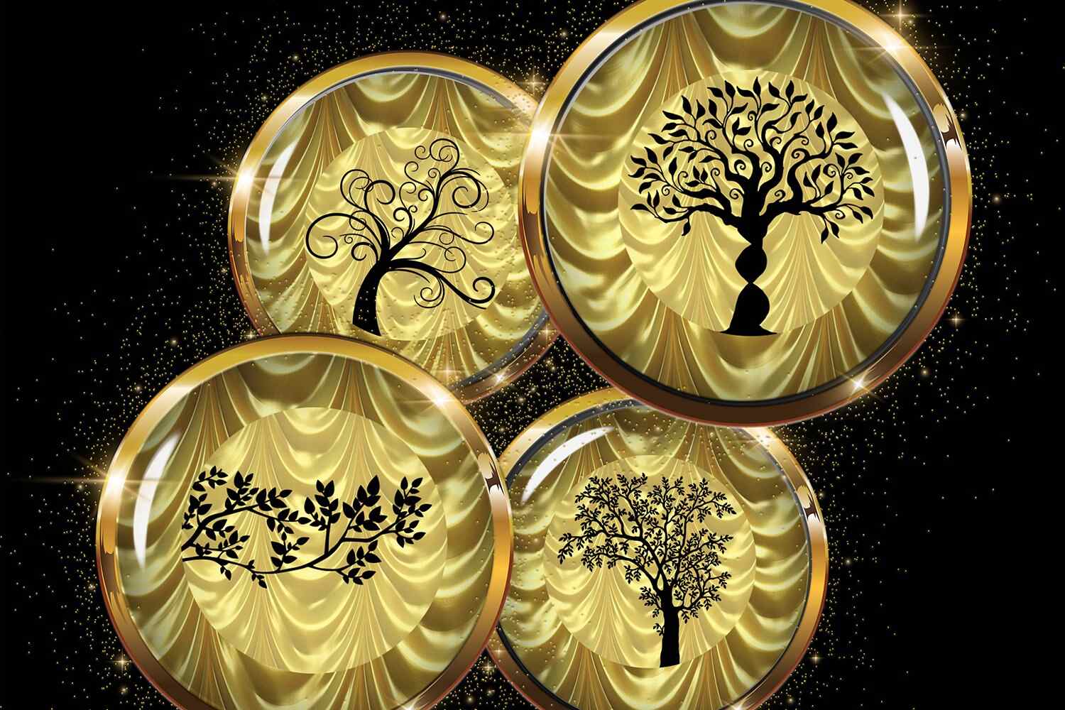 Tree Circles Digital Collage Sheet Gold Trees Silhouettes