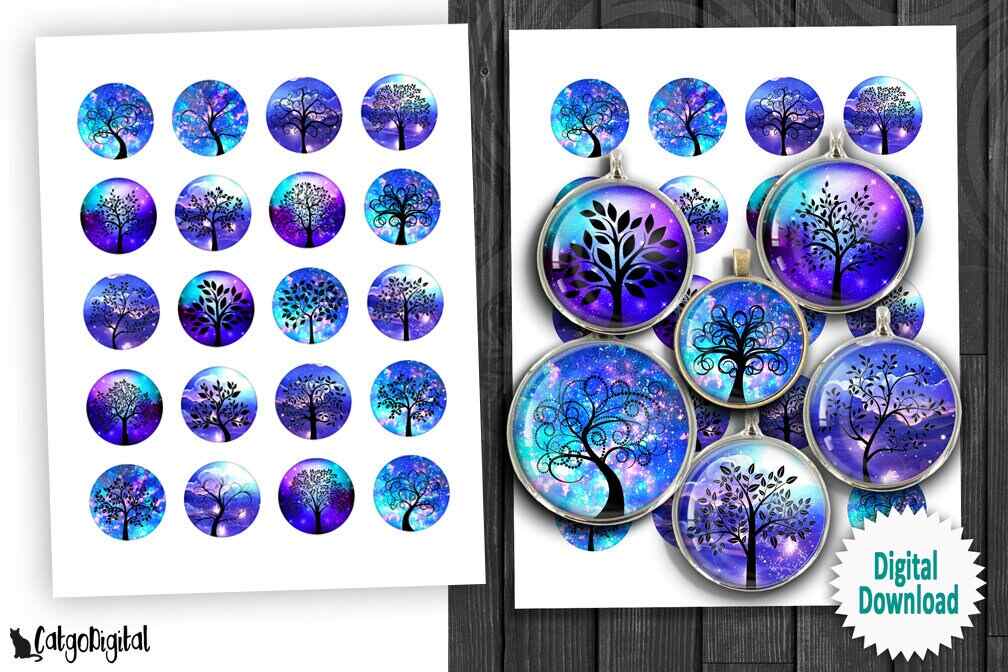 Tree of Life Digital Collage Sheet Tree Silhouettes in Blue