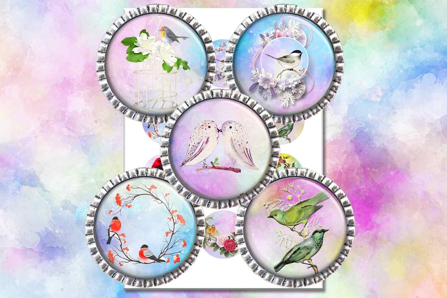 Vintage Birds Circle Images Watercolor Birds Collage Sheet