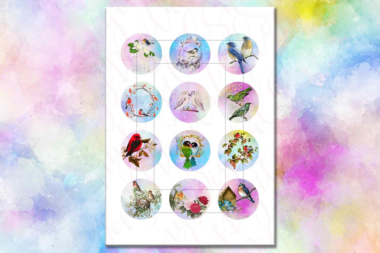 Vintage Birds Circle Images Watercolor Birds Collage Sheet