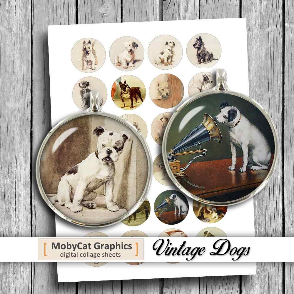 Vintage Dogs Digital Collage Sheet Printable Circles