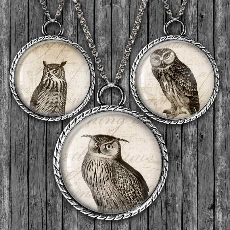 Vintage Owls Printable Circle Pendant Images