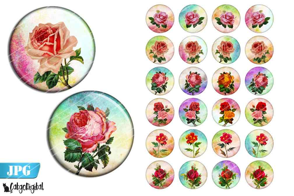 Vintage Roses Bottle cap images Digital Collage sheet