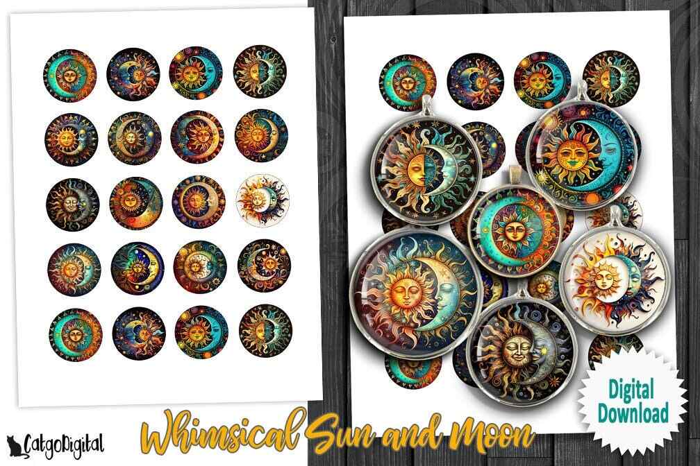 Whimsical Sun and Moon Printable Digital Collage Sheets