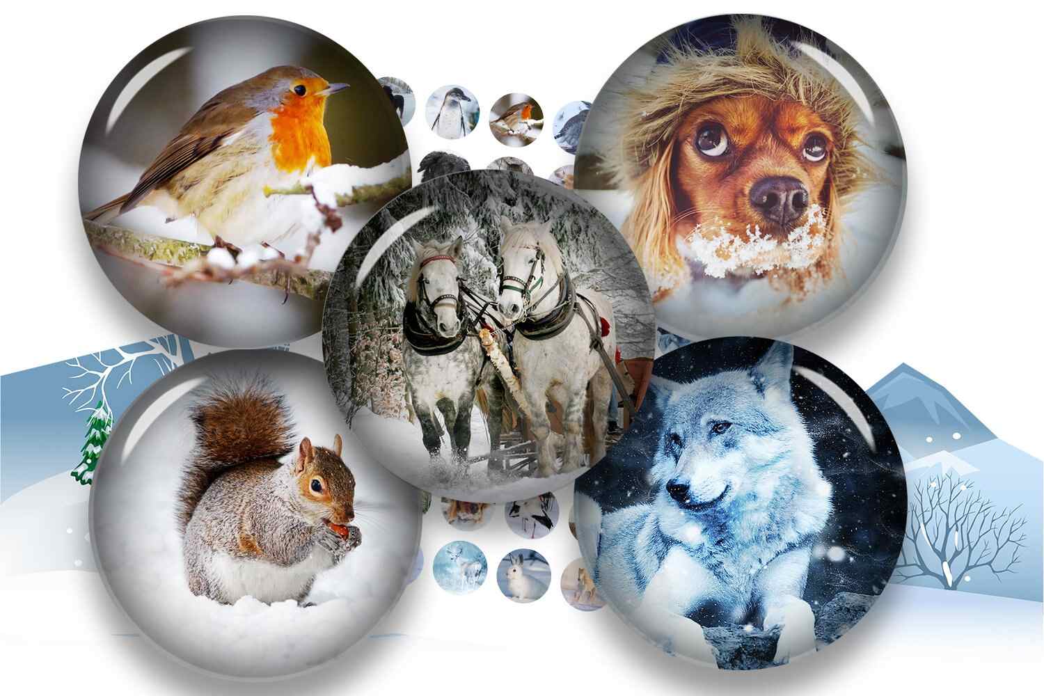 Winter Animals Collage Sheet Winter Cabochon Round Pendant