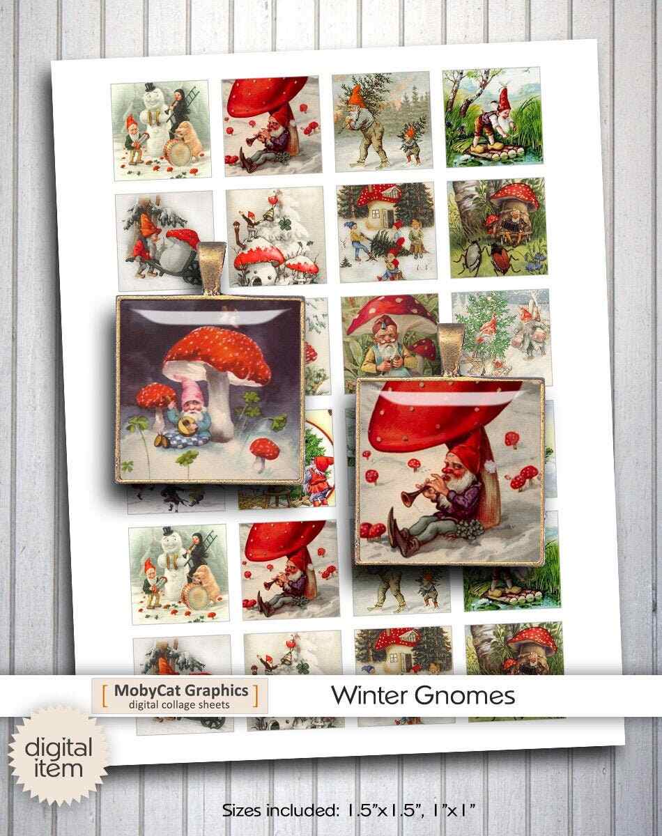 Winter Gnomes printable Squares Digital Collage Sheet