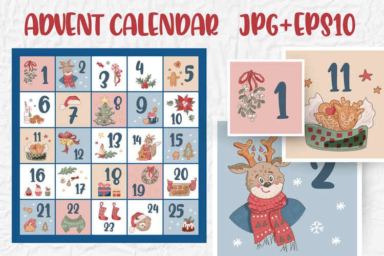 Christmas advent calendar. Print and cut. JPG, PNG, EPS10