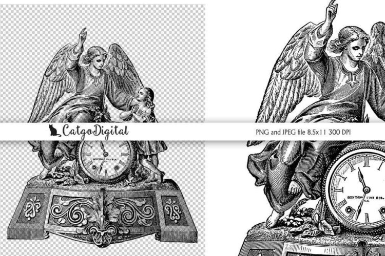 Angel Clock Black and White illustration Vintage PNG
