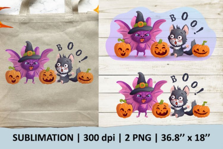 Bat scared cat. Halloween sublimation design. 2 PNG files.