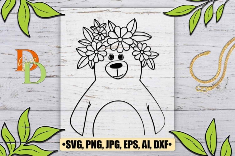 Bear Face SVG With Flower Crown on Head Cutting File