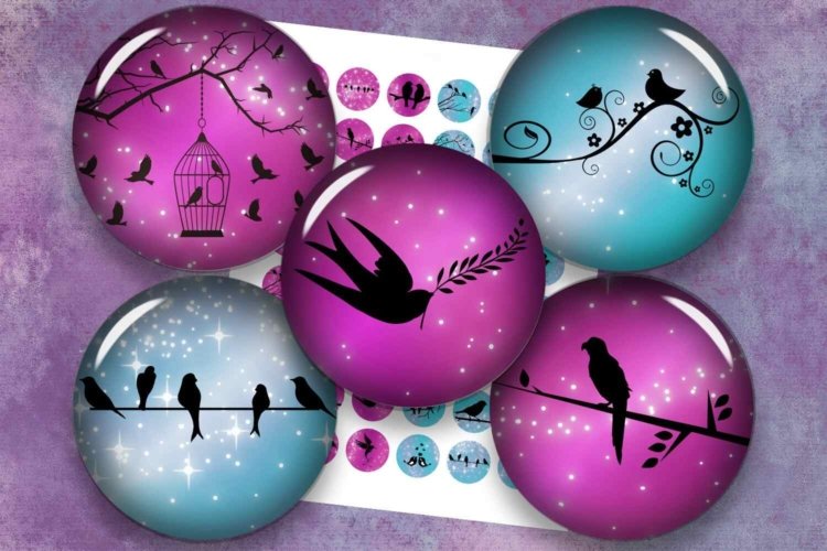 Bird Silhouette Pink Birds Blue Birds Digital Collage Sheet