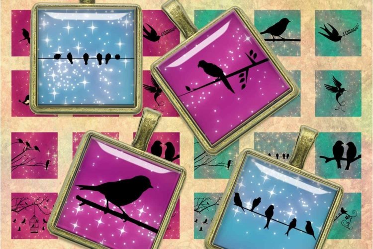 Bird Silhouettes Digital Collage Sheet Circles