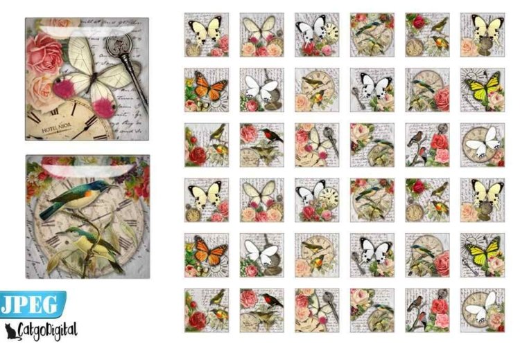 Birds and Butterflies Square printable images Steampunk 1